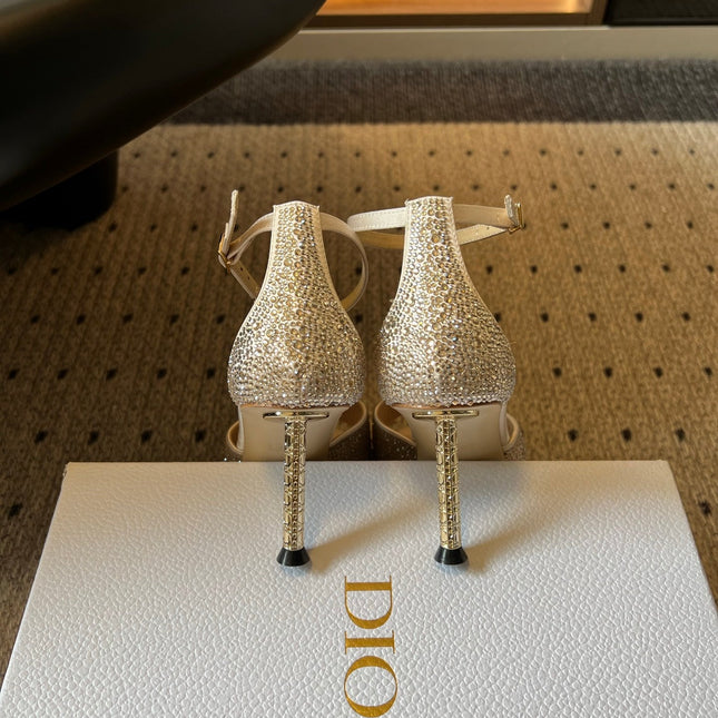 DIOR 26S HIGH-HEEL SANDALS 80 MM IN BEIGE CRYSTAL-EMBELLISHED AND LAMBSKIN