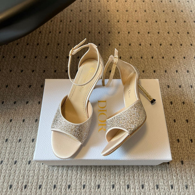 DIOR 26S HIGH-HEEL SANDALS 80 MM IN BEIGE CRYSTAL-EMBELLISHED AND LAMBSKIN