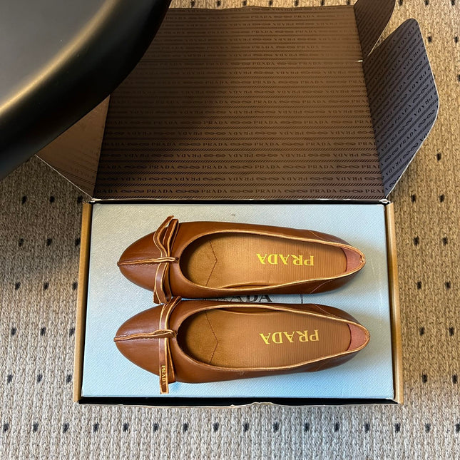 PRADA 26S POINTED TOE BOW FLATS IN CARAMEL BROWN CALFSKIN