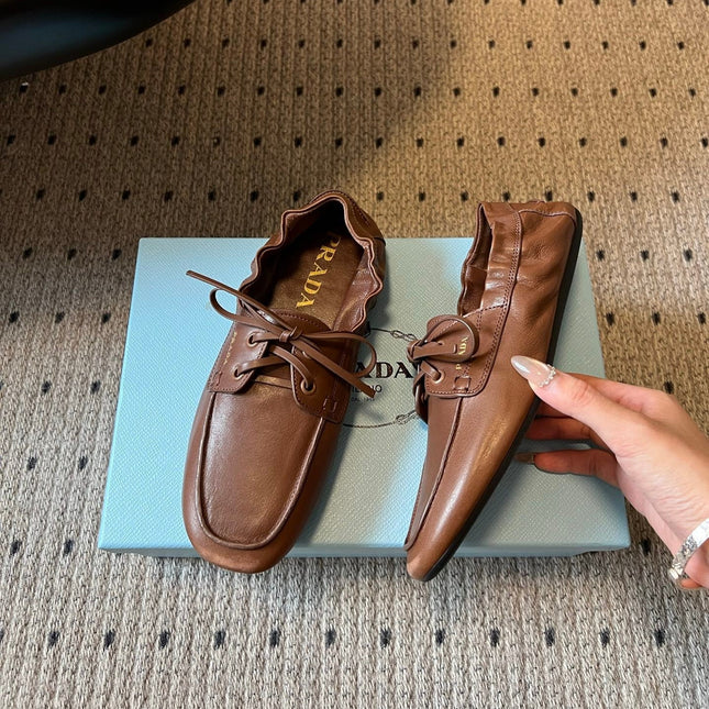 PRADA 26S LACE UP SQUARE TOE LOAFERS IN BROWN CALFSKIN