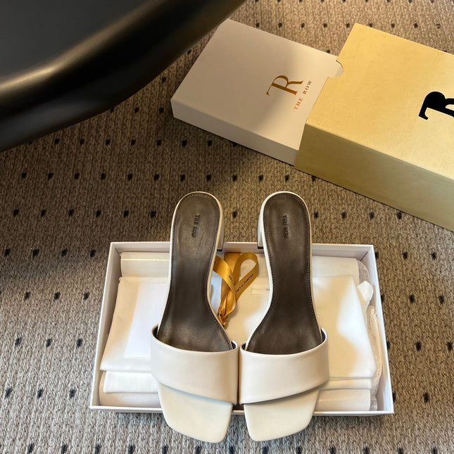 THE ROW 26S SQUARE TOE SLIDE SANDALS 50MM IN WHITE CALFSKIN