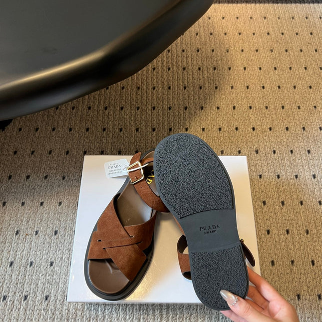 PRADA 26S CROSS STRAP PLATFORM SANDALS 35MM IN BROWN SUEDE