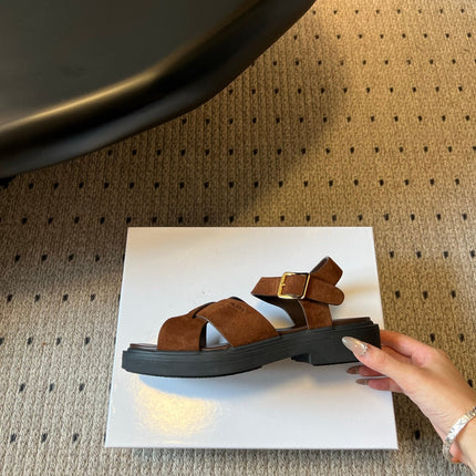 PRADA 26S CROSS STRAP PLATFORM SANDALS 35MM IN BROWN SUEDE