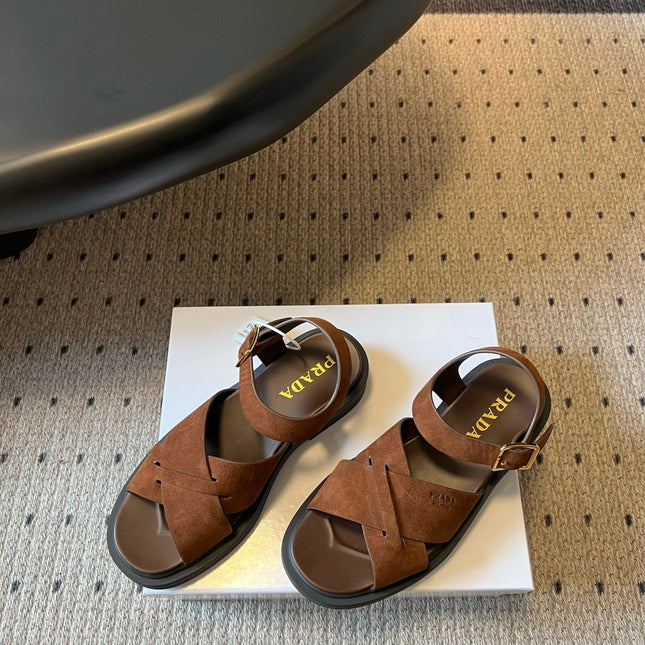 PRADA 26S CROSS STRAP PLATFORM SANDALS 35MM IN BROWN SUEDE