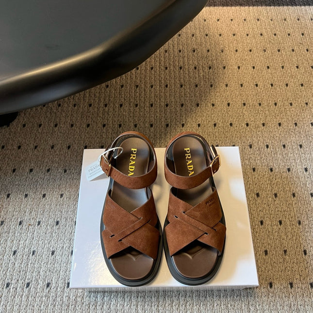 PRADA 26S CROSS STRAP PLATFORM SANDALS 35MM IN BROWN SUEDE