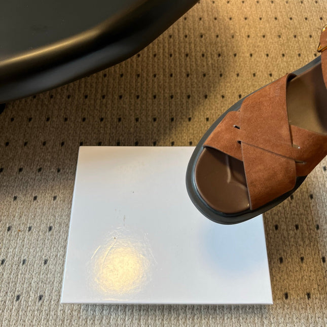 PRADA 26S CROSS STRAP PLATFORM SANDALS 35MM IN BROWN SUEDE