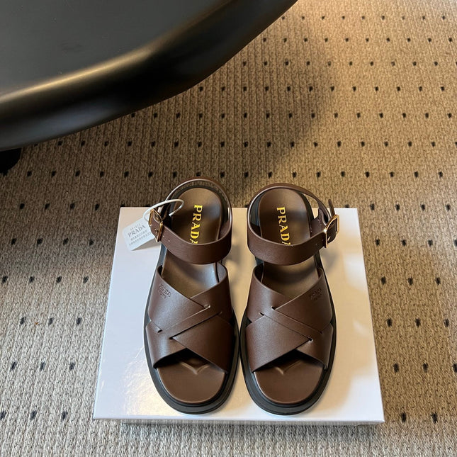 PRADA 26S CROSS STRAP PLATFORM SANDALS 35MM IN DARK BROWN CALFSKIN