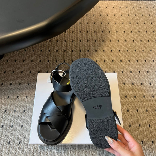 PRADA 26S CROSS STRAP PLATFORM SANDALS 35MM IN BLACK CALFSKIN
