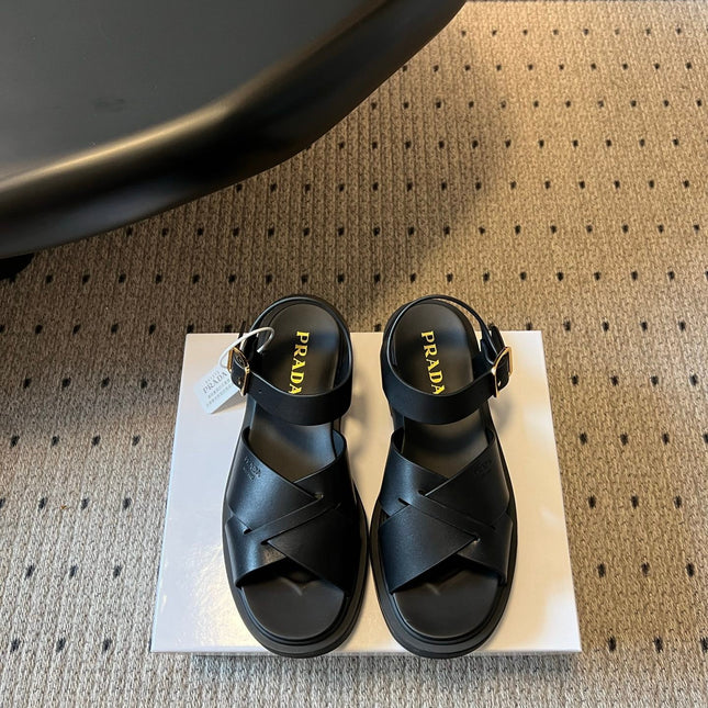 PRADA 26S CROSS STRAP PLATFORM SANDALS 35MM IN BLACK CALFSKIN