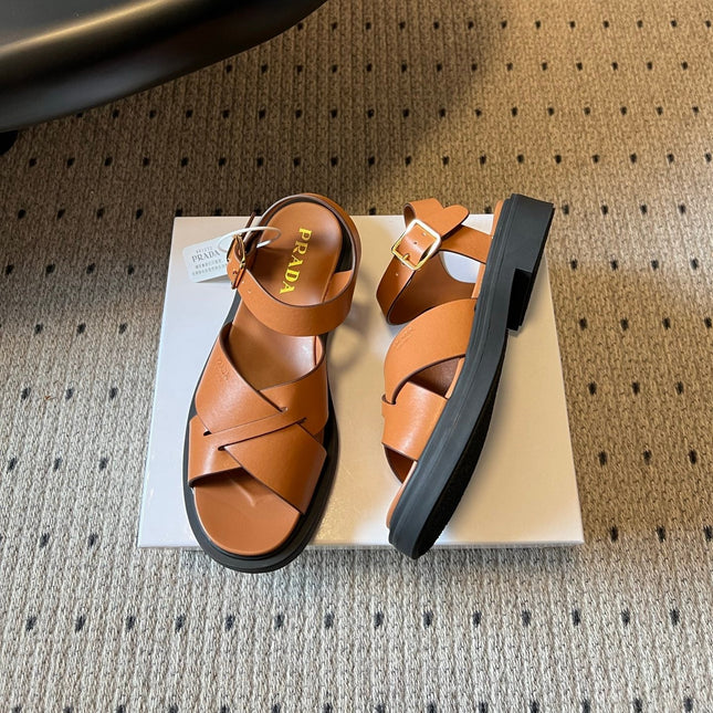 PRADA 26S CROSS STRAP PLATFORM SANDALS 35MM IN BROWN CALFSKIN
