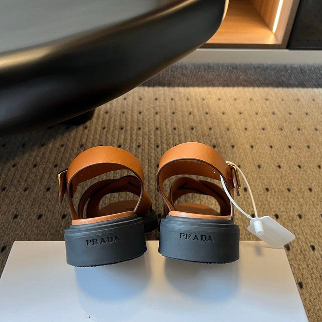 PRADA 26S CROSS STRAP PLATFORM SANDALS 35MM IN BROWN CALFSKIN