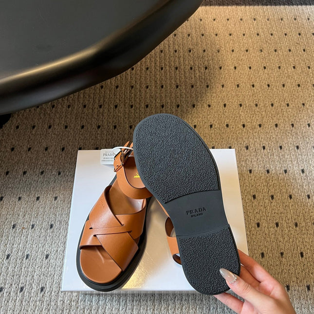 PRADA 26S CROSS STRAP PLATFORM SANDALS 35MM IN BROWN CALFSKIN