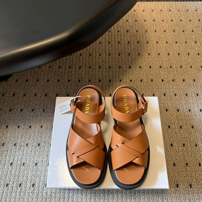 PRADA 26S CROSS STRAP PLATFORM SANDALS 35MM IN BROWN CALFSKIN