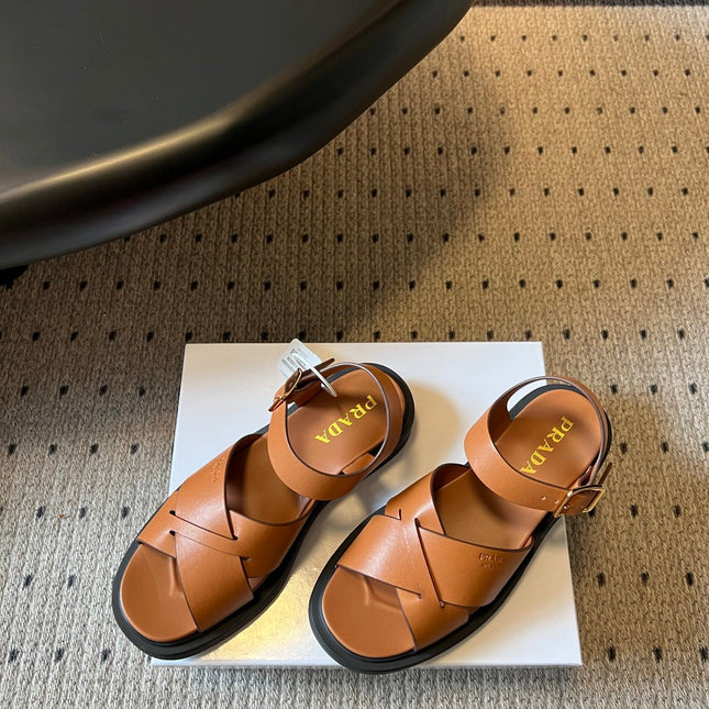 PRADA 26S CROSS STRAP PLATFORM SANDALS 35MM IN BROWN CALFSKIN