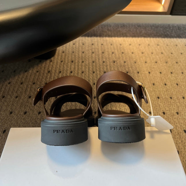 PRADA 26S CROSS STRAP PLATFORM SANDALS 35MM IN DARK BROWN CALFSKIN