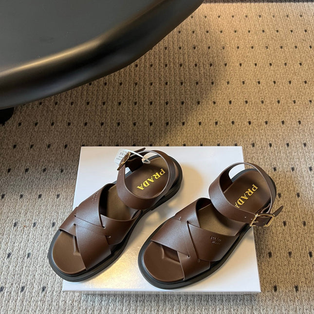 PRADA 26S CROSS STRAP PLATFORM SANDALS 35MM IN DARK BROWN CALFSKIN