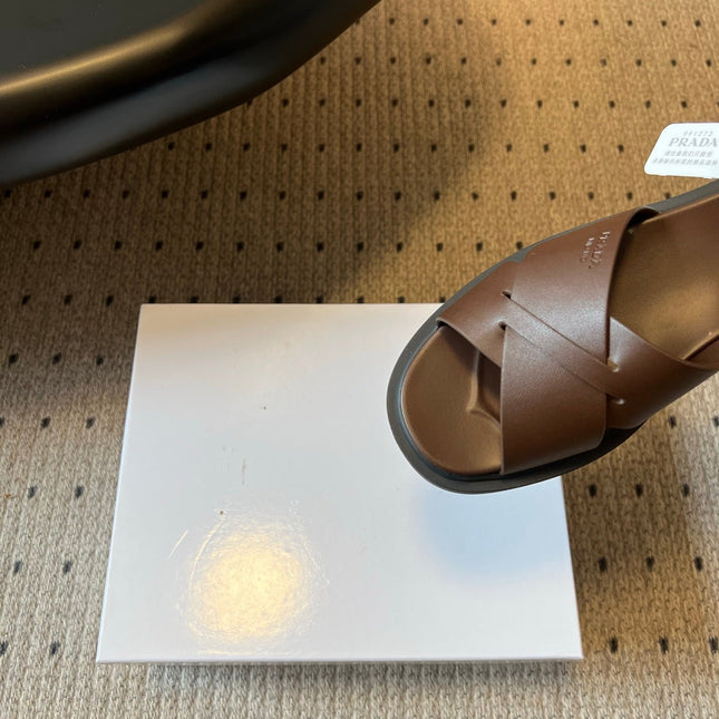 PRADA 26S CROSS STRAP PLATFORM SANDALS 35MM IN DARK BROWN CALFSKIN