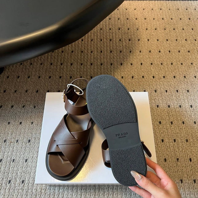 PRADA 26S CROSS STRAP PLATFORM SANDALS 35MM IN DARK BROWN CALFSKIN