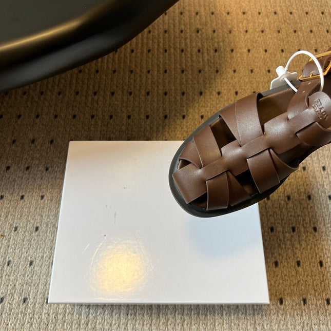 PRADA 26S ANKLE STRAP FISHERMAN SANDALS IN DARK BROWN CALFSKIN