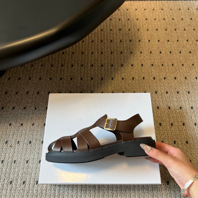 PRADA 26S ANKLE STRAP FISHERMAN SANDALS IN DARK BROWN CALFSKIN