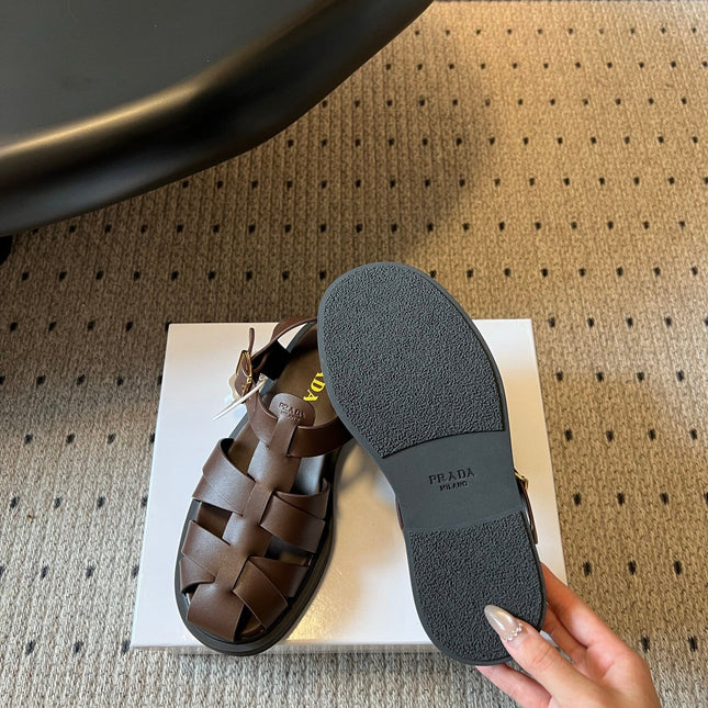 PRADA 26S ANKLE STRAP FISHERMAN SANDALS IN DARK BROWN CALFSKIN