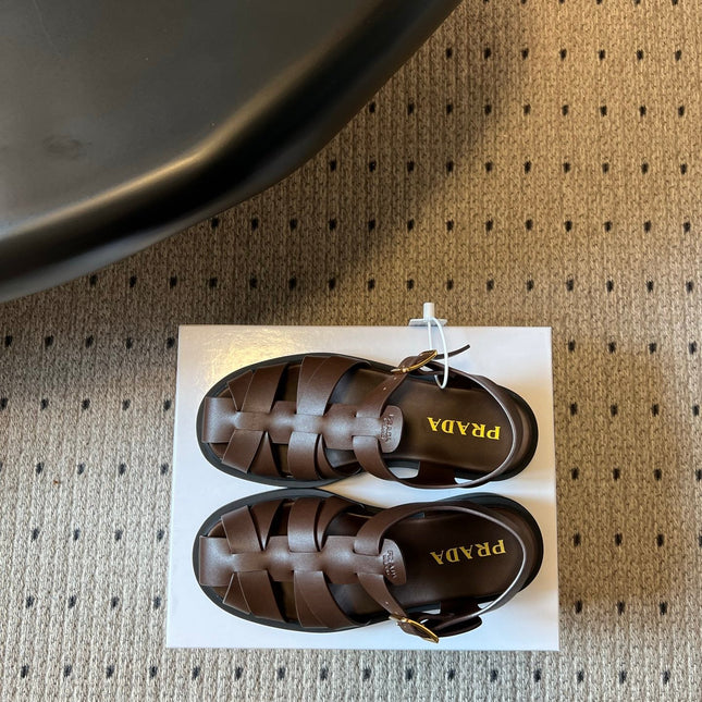 PRADA 26S ANKLE STRAP FISHERMAN SANDALS IN DARK BROWN CALFSKIN