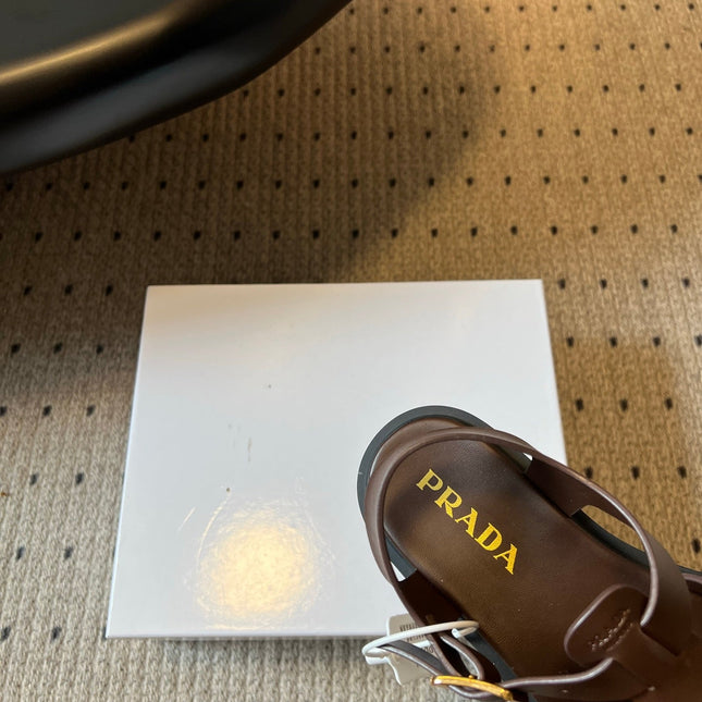 PRADA 26S ANKLE STRAP FISHERMAN SANDALS IN DARK BROWN CALFSKIN