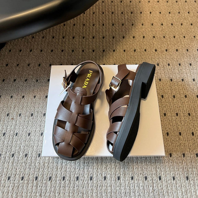 PRADA 26S ANKLE STRAP FISHERMAN SANDALS IN DARK BROWN CALFSKIN