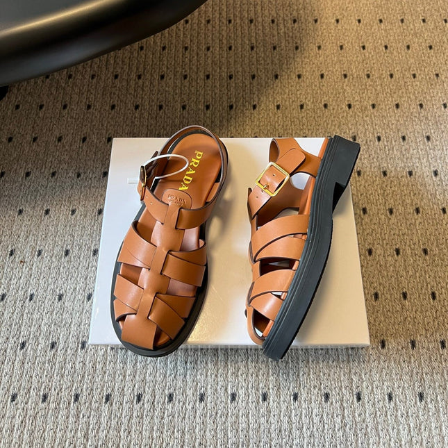 PRADA 26S ANKLE STRAP FISHERMAN SANDALS IN BROWN CALFSKIN