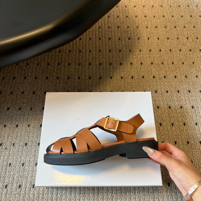 PRADA 26S ANKLE STRAP FISHERMAN SANDALS IN BROWN CALFSKIN