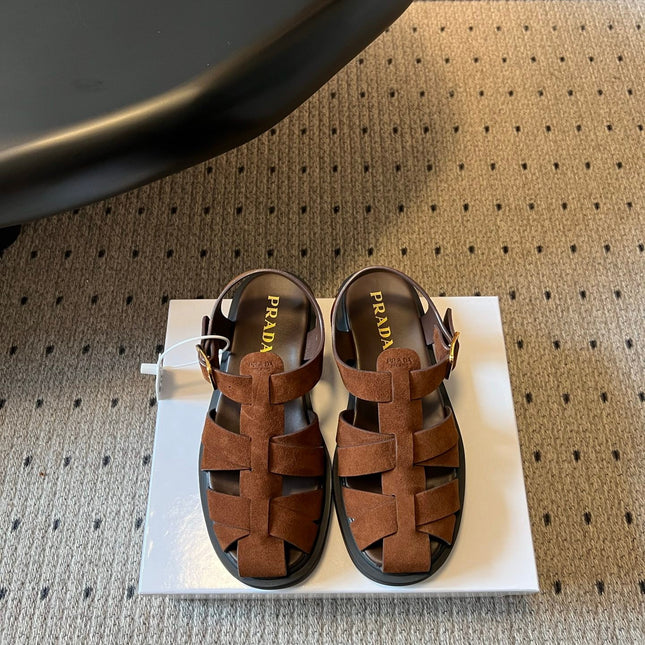PRADA 26S ANKLE STRAP FISHERMAN SANDALS IN BROWN SUEDE