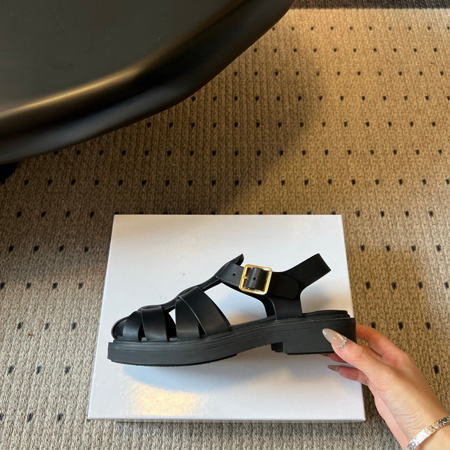PRADA 26S ANKLE STRAP FISHERMAN SANDALS IN BLACK CALFSKIN