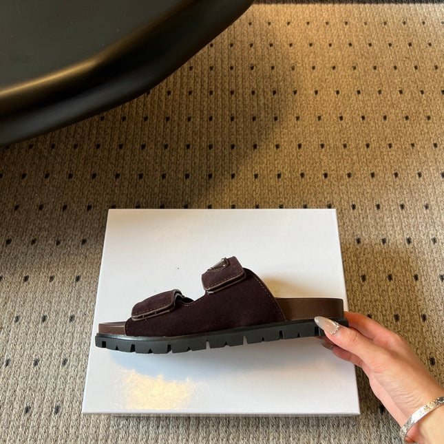 PRADA 26S DOUBLE STRAP SLIDES 35MM IN DARK BROWN SUEDE