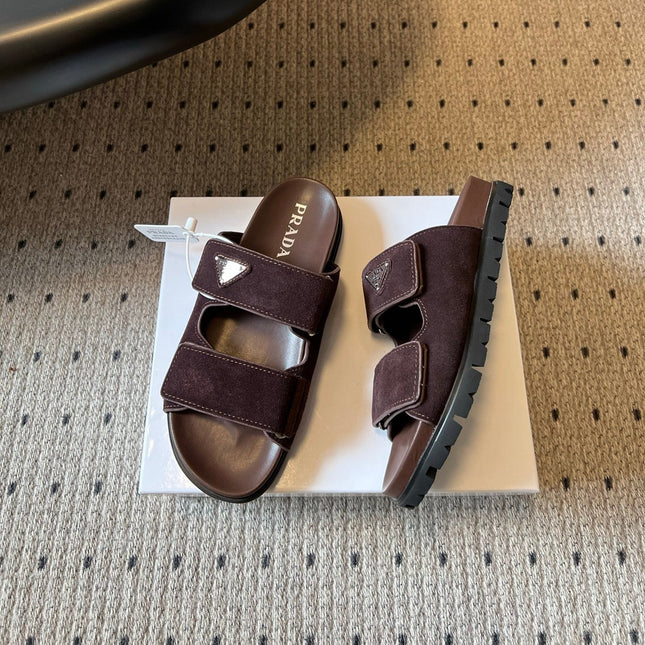 PRADA 26S DOUBLE STRAP SLIDES 35MM IN DARK BROWN SUEDE