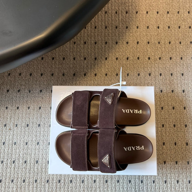 PRADA 26S DOUBLE STRAP SLIDES 35MM IN DARK BROWN SUEDE
