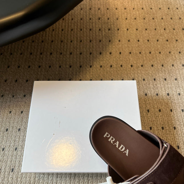 PRADA 26S DOUBLE STRAP SLIDES 35MM IN DARK BROWN SUEDE