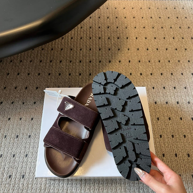 PRADA 26S DOUBLE STRAP SLIDES 35MM IN DARK BROWN SUEDE