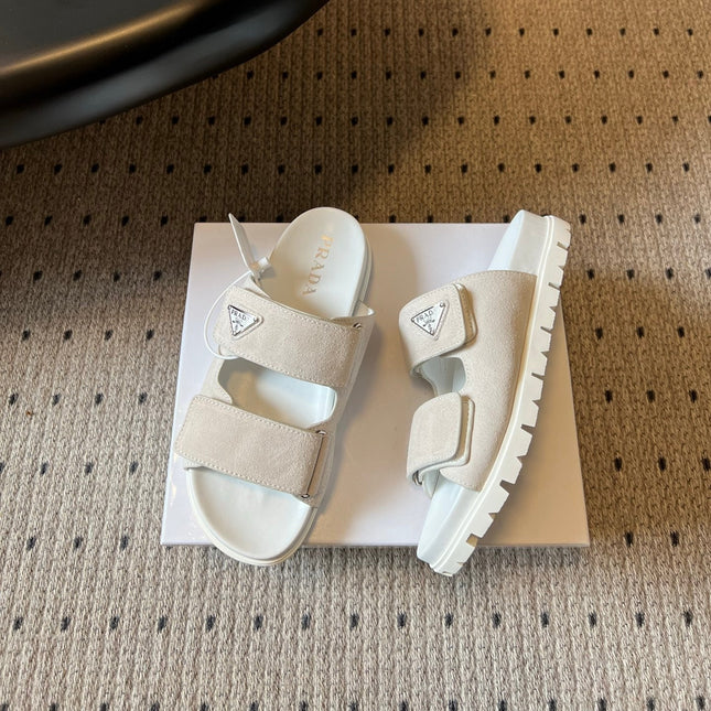 PRADA 26S DOUBLE STRAP SLIDES 35MM IN IVORY WHITE SUEDE