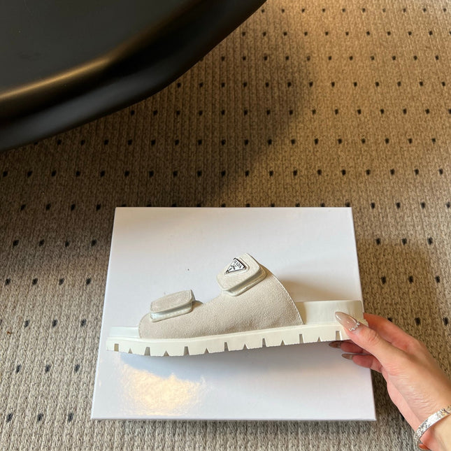 PRADA 26S DOUBLE STRAP SLIDES 35MM IN IVORY WHITE SUEDE