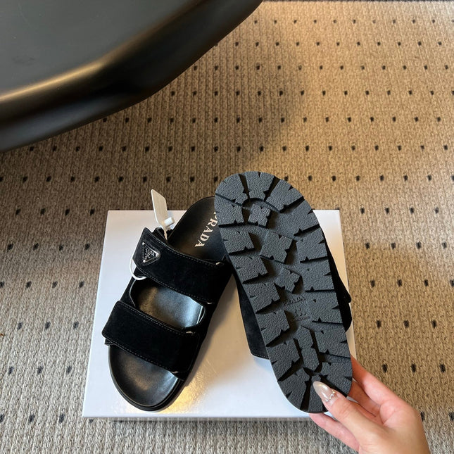 PRADA 26S DOUBLE STRAP SLIDES 35MM IN BLACK SUEDE