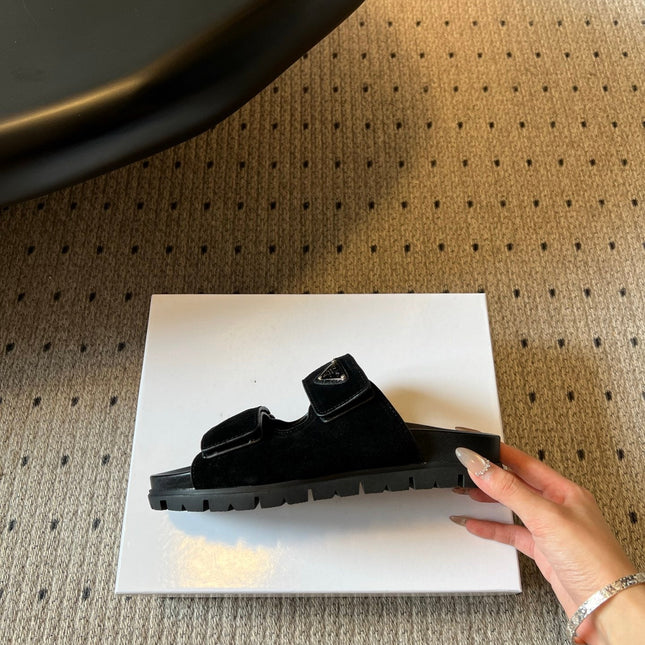 PRADA 26S DOUBLE STRAP SLIDES 35MM IN BLACK SUEDE