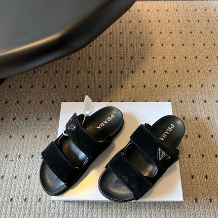 PRADA 26S DOUBLE STRAP SLIDES 35MM IN BLACK SUEDE