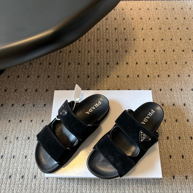 PRADA 26S DOUBLE STRAP SLIDES 35MM IN BLACK SUEDE