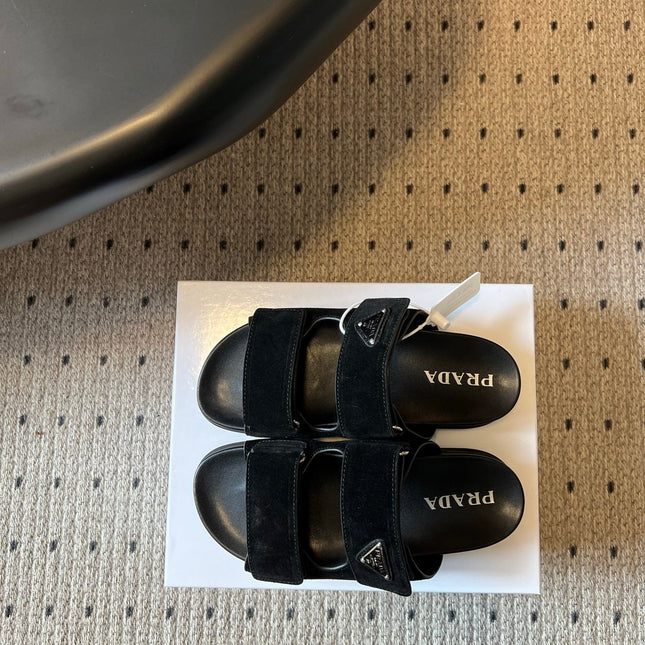 PRADA 26S DOUBLE STRAP SLIDES 35MM IN BLACK SUEDE