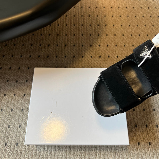 PRADA 26S DOUBLE STRAP SLIDES 35MM IN BLACK SUEDE