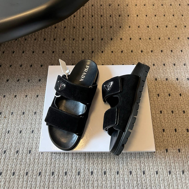 PRADA 26S DOUBLE STRAP SLIDES 35MM IN BLACK SUEDE
