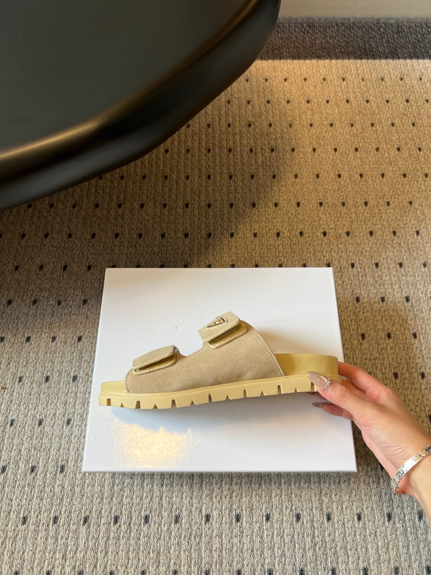 PRADA 26S DOUBLE STRAP SLIDES 35MM IN BEIGE SUEDE