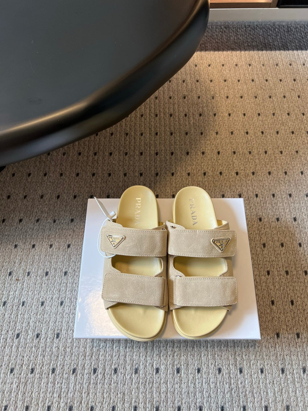 PRADA 26S DOUBLE STRAP SLIDES 35MM IN BEIGE SUEDE
