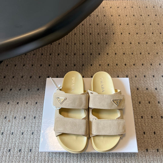 PRADA 26S DOUBLE STRAP SLIDES 35MM IN BEIGE SUEDE