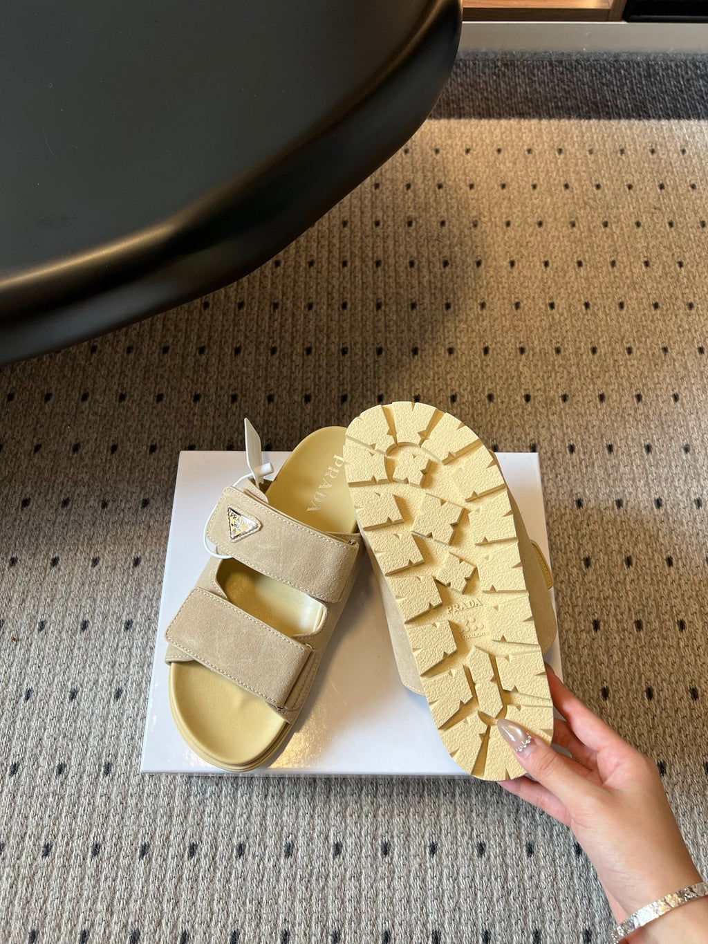 PRADA 26S DOUBLE STRAP SLIDES 35MM IN BEIGE SUEDE